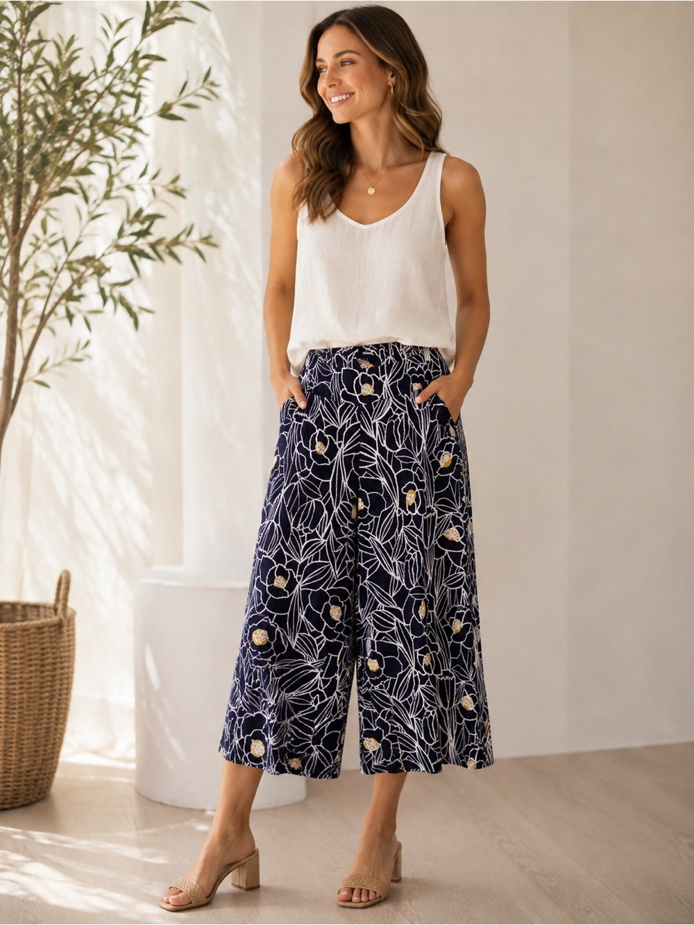 Habitat Clothes to Live In Cropped Wide Leg Culotte Pants Size Medium Floral